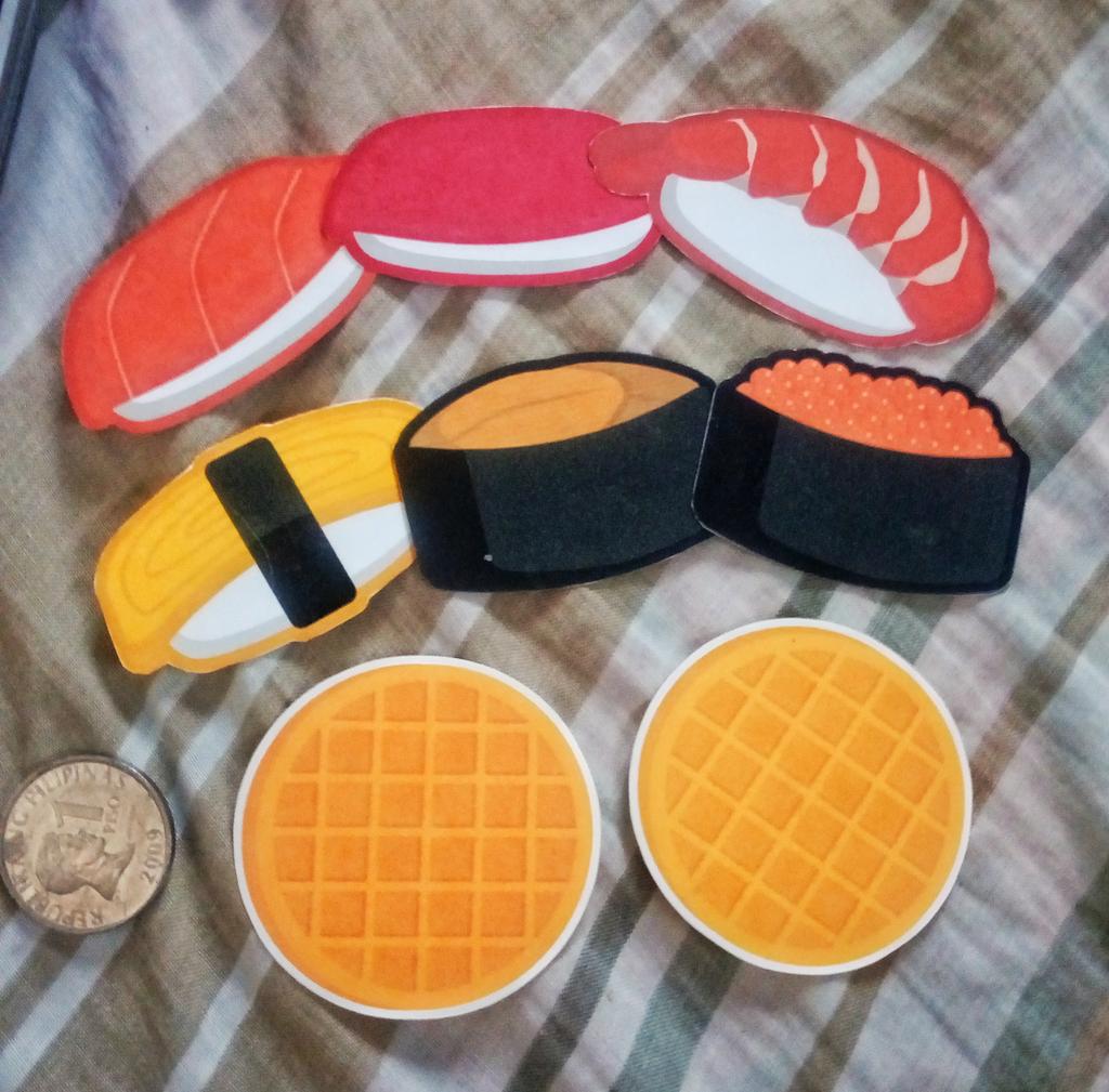 kyshmeth's tweet photo. SURVEY: Would anyone be willing to buy stickers like these from me for about 5 pesos a piece? I'll have them printed in a nicer quality and stuff if I decide to sell some. Help a broke bitch out pls #stickers #sushi #waffles #helpimbroke https://t.co/byTiUbMrTr