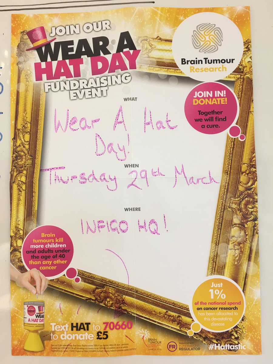 weareinfigo's tweet photo. The whole team at #InfigoSoftware and @Netkandi are taking part in #WearAHatDay, raising much needed funds for @braintumourrsch - keep an eye on our Twitter today to see what we're getting up to! You can donate here - https://t.co/kJTNB86kda #braintumourresearch https://t.co/A7p7evXO8u