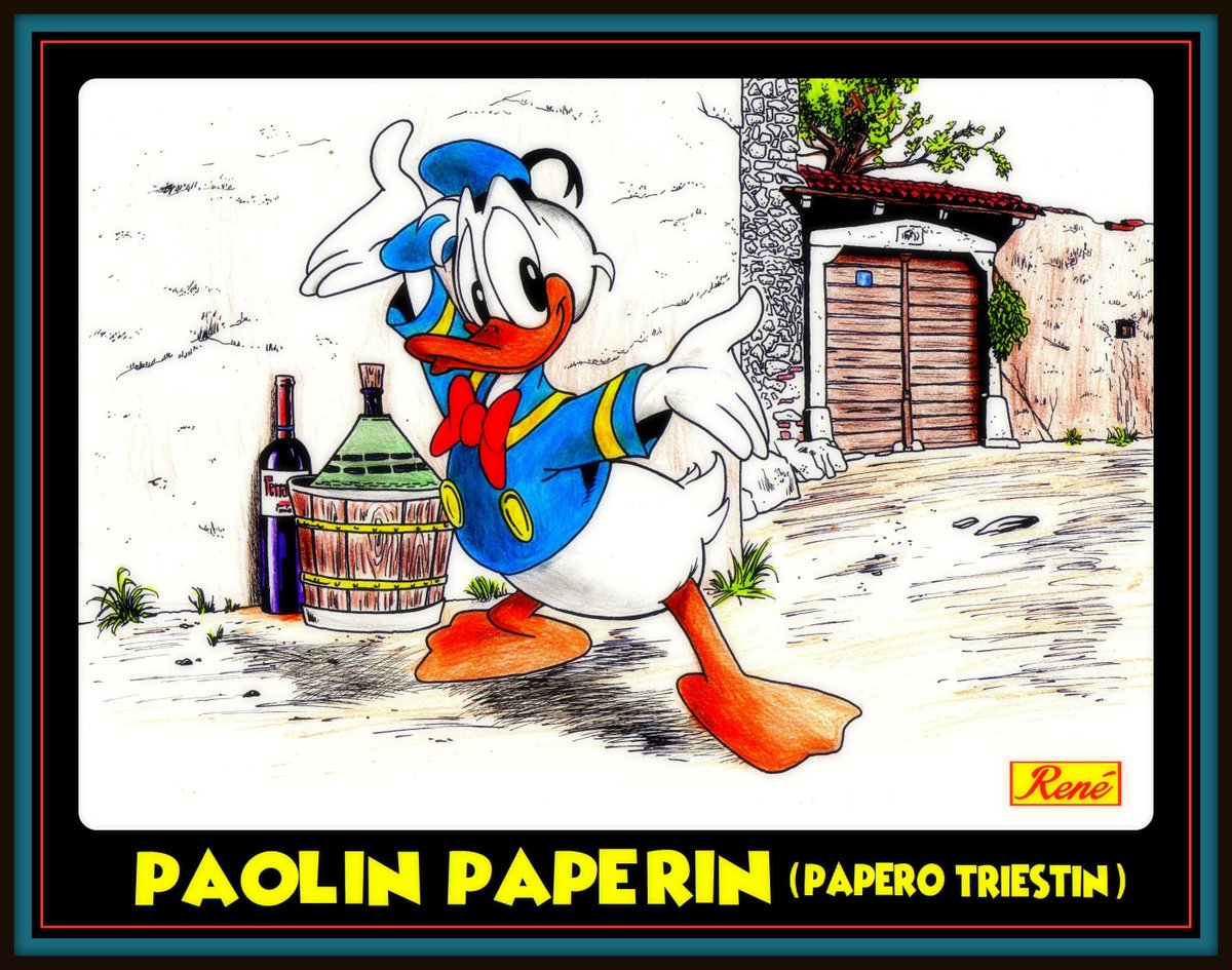 RenFaraguna's tweet photo. Buondì. Un mio nuovo #pupolo #fumetto #fanart - Paolin Paperin (papero triestin, l'original domacio e no quel'imitator american), in una tipica #osmiza carsica situata vicino a Prepotto (comune di Duino-Aurisina, vicino #Trieste)! https://t.co/3BaDO4gA9X
