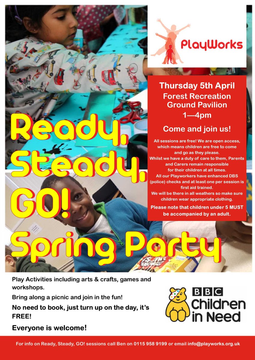 PlayWorksNottm's tweet photo. If you love our Ready Steady Go Sessions at the Forest Recreation Ground (every Thursday after school - Today!!) then you are going to love our FREE Spring party next week at the Pavilion. See you 1pm to 4pm :) 

#WeSayItsGoodToPlay @playworksnottm https://t.co/w9fTH0tjpn