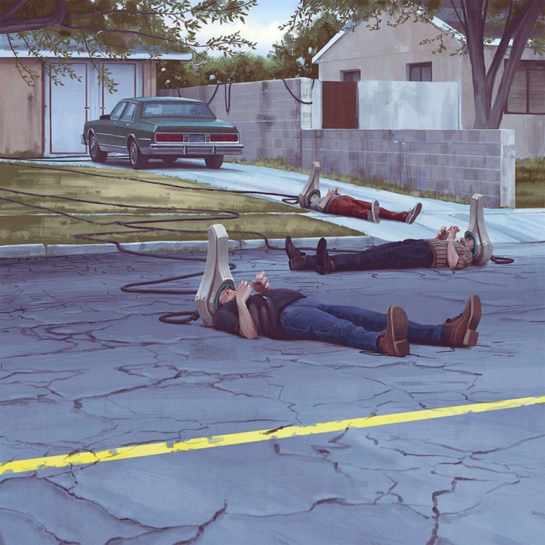 MrEwanMorrison's tweet photo. Pt.2. A Simon Stålenhag image has been haunting me for days: A runaway teenager &amp; her robot come across an abandoned car with two skeletons who have died while using their VR headsets. The headsets are a recurring trope in Simon's art. see "The Electric State" @simonstalenhag https://t.co/h5CpxfJtgv