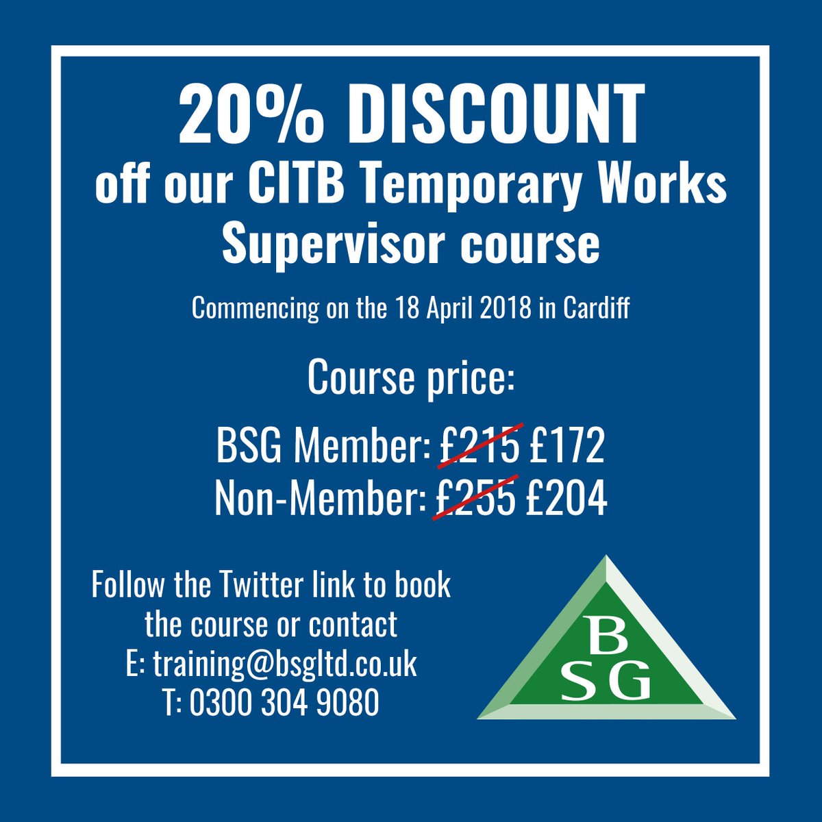 bsgltd's tweet photo. BSG will be offering a 20% discount off CITB Temporary Works Supervisor #training course in #Cardiff on the 18th of April 2018. 

Contact our training team quoting "Cardiff Training Discount'' on T: 030 0304 9080 or E: training@bsgltd.co.uk

https://t.co/kc6pnCI70n #tempworks https://t.co/Hl8kMuYYeP