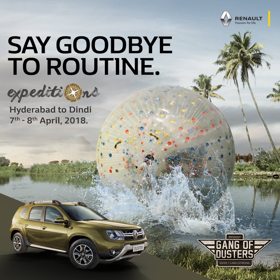RenaultIndia's tweet photo. Join the #GangOfDusters on a thrilling #ExpeditionDrive from Hyderabad to Dindi as they try their hand at aqua zorbing, paddle boating and more.
Register on https://t.co/7dCkjht1Z1 or give a missed call on 0120-6262628. https://t.co/oPbaaK5AEW