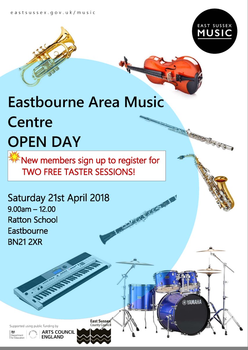 eastsussexmusic's tweet photo. Eastbourne Music Centre Open Day
Bring your instrument &amp; join in at Music Centre!
Enquiries: sally.morrish@eastsussex.gov.uk https://t.co/jT4pY4IsIj