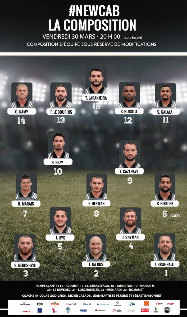 CABCLRUGBY's tweet photo. 📋 Demain soir, nos joueurs joueront le 1/4 de phase finale 💪💪 de @ChallengeCup_FR contre les @FalconsRugby
Plusieurs changements dans l'équipe, à noter les titularisations des jeunes Jan Uys et Retief Marais.
#ENROUTEPOURNEWCASTLE
#NEWAB
👉 https://t.co/u1t6tbCTNL https://t.co/59HT14P2KV