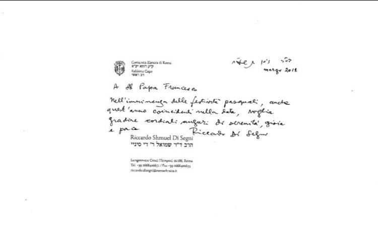 romaebraica's tweet image. In prossimità della festività di Pesach e di Pasqua, il Rabbino Capo di Roma Riccardo Di Segni e Papa Francesco si sono scambiati i consueti auguri per le rispettive festività.