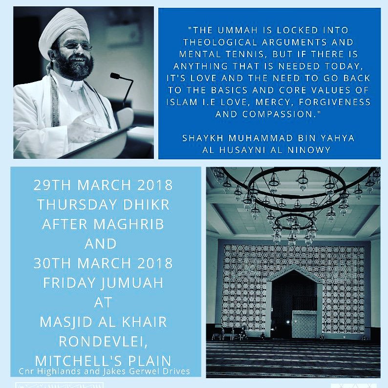TasleemaVIP's tweet photo. 2night &amp; 2moro dont miss it ❤ #back2basics @MadinaInstZA @NinowyZawiyaZA @ShaykhNinowy @itv_sa @VOCfm @WorldofSufis @MKExoticCars @BLagardien @riadfataar @CapeTownMag @MyboyAli @dessaia @salaamedia #CapeTown #publicevent https://t.co/fDyvrzVAiM