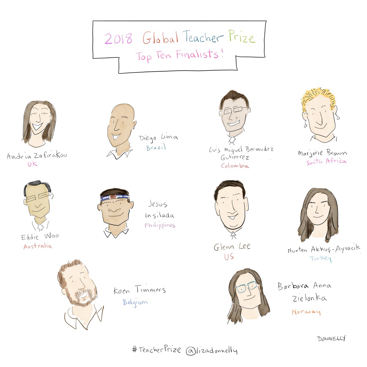 TeacherPrize's tweet photo. The talented @lizadonnelly drew our Top 10 Global #TeacherPrize Finalists at this year's #GESF. Do you love this sketch as much as we do? https://t.co/OmujXnpk1I