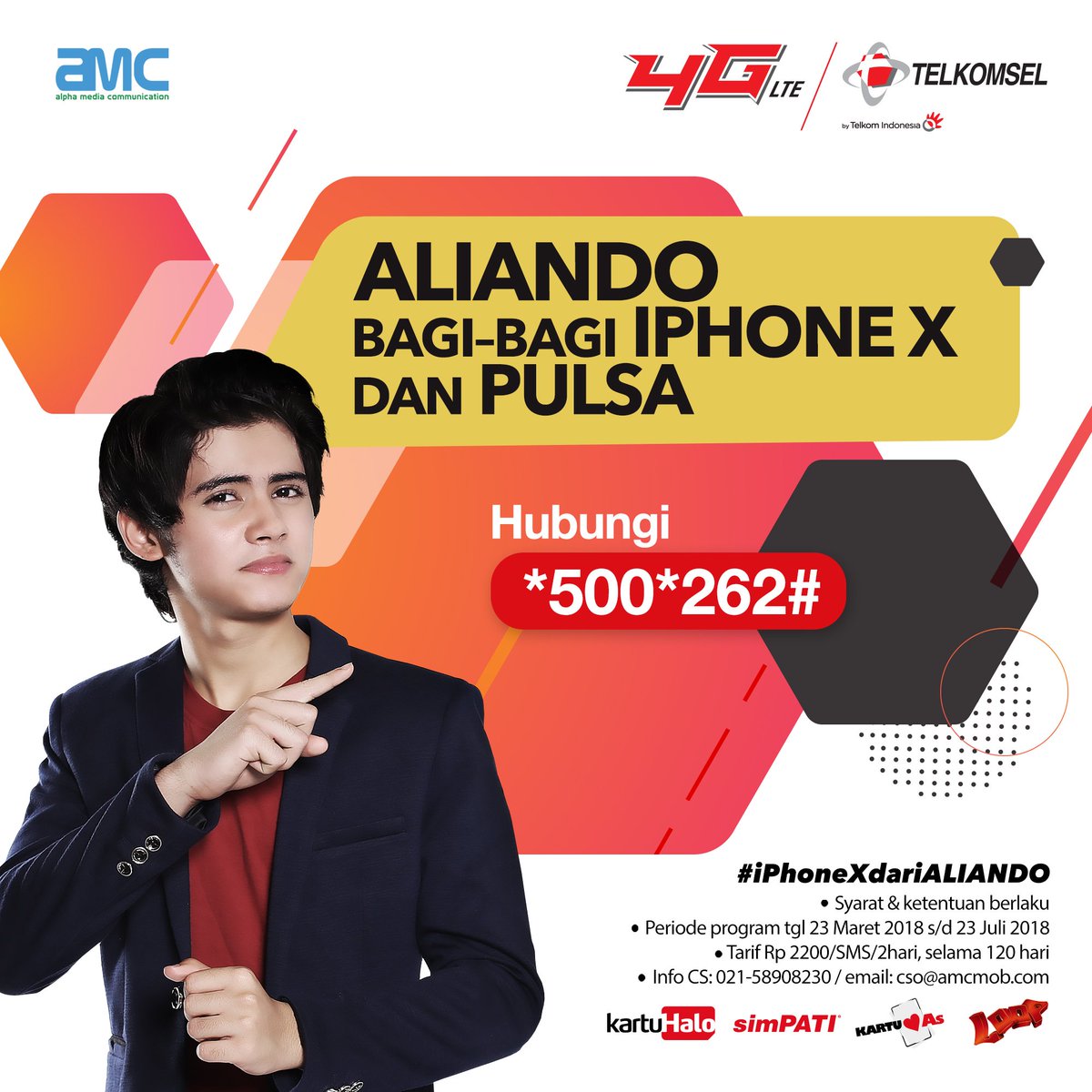Mau Iphon X dari <a href="/alysyarief/">Aliando Syarief.</a> dan <a href="/Telkomsel/">Telkomsel</a>? Caranya Hubungi *500*262# Periode 23 Maret 2018 sampai tanggal 23 Juli 2018. Bikin Video " Alasan kenapa Aliando harus kasih kamu Iphone X? " di Instagram dan
Selalu gunakan Hashtag #iphoneXdariALIANDO Mention dan Tag @PORTAL_ARTIS .