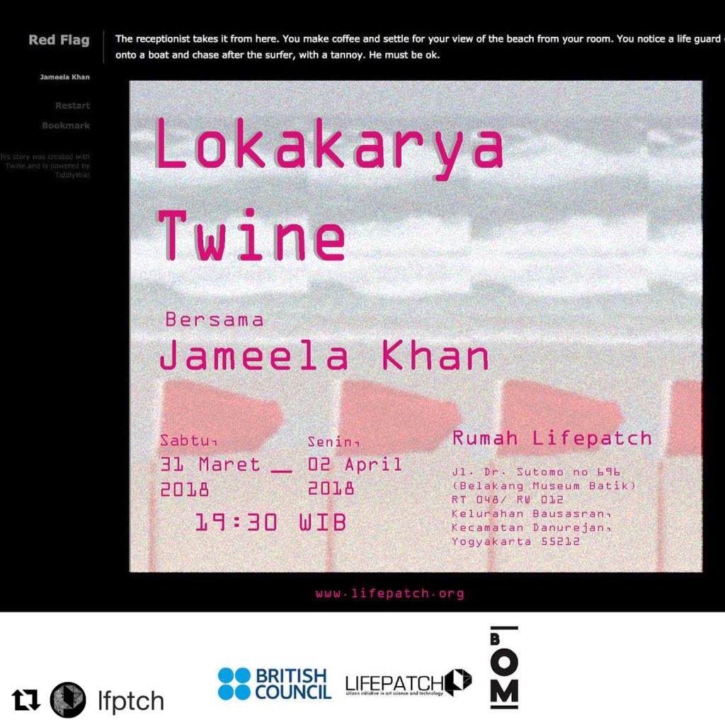 Lokakarya GRATIS &amp; berlangsung: 31Mar-2Apr2018 | 19:00 - 21:00 | di 🏠 Lifepatch (Jl.Tegal lempuyangan DN III, No969,Bausasran) | Ruang terbatas, calon peserta dapat mendaftar via WA ke Sita Magfira +62 822 20130610.
#sarinahapakabarmu #UKID #UKIndonesia #artresidnecy #GameDesign