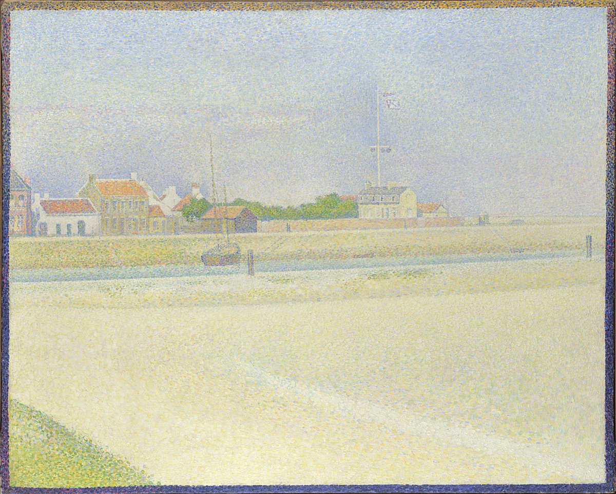 NationalGallery's tweet photo. Georges Seurat, considered one of the most important Post-Impressionist painters, died #OnThisDay in 1891. The pastel tones of 'The Channel of Gravelines, Grand Fort-Philippe' is one of four landscapes from his Summer visit in 1890: https://t.co/fhvvyT5qXR https://t.co/pqUVUCHa5v