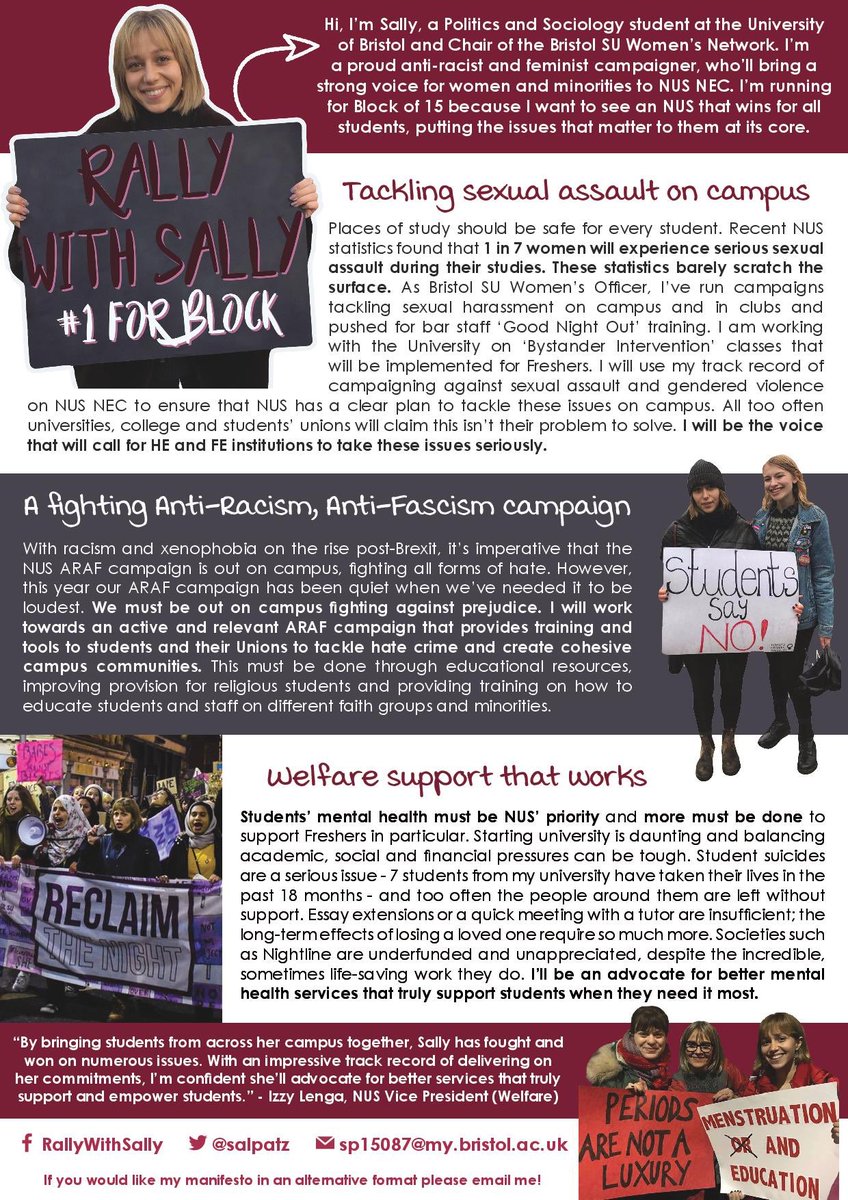 salpatz's tweet photo. I’m running for NEC Block of 15!!!! Check out my manifesto below, to bring a voice to tackle sexual harassment, fight hate on campus and improve welfare support ⤵️

#NUSConference #NUSNC18 #rallywithsally https://t.co/SOvPFaOZKu