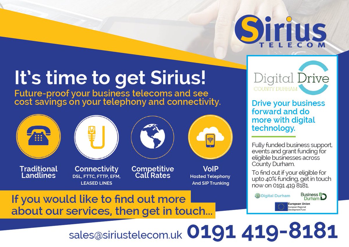TeamSiriusUK's tweet photo. Enhance your Business Connectivity whilst saving Money!
If you're in #CountyDurham you may be eligible for 40% funding
Contact us on 0191 4198181 to speak to one of our team today #ItsTimeToGetSirius #GYNHour #Telecoms https://t.co/e2BrKRXRfi