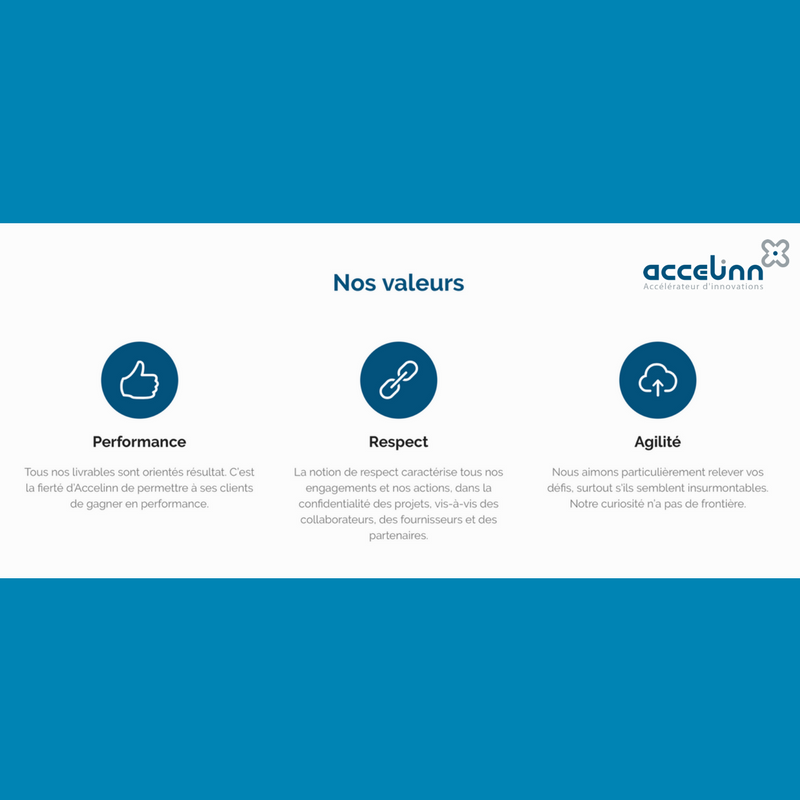 AccelinnContact's tweet photo. Les valeurs d'Accelinn : 
- Performance : Nos livrables sont orientés résultat
- Respect : Le respect caractérise tous nos engagements 
- Agilité : Nous aimons relever des défis

Plus d'infos sur : https://t.co/T8om6tAmk4

#innovation #accelerate #startup #vision #developpement https://t.co/sbhkU5skpo