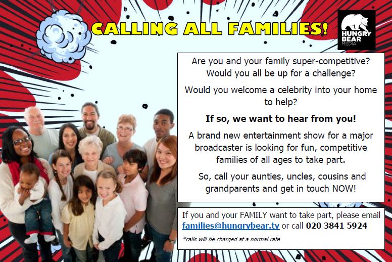 <a href="/YourFaceOnTelly/">GetYourFaceOnTelly</a> PLS RT. Looking for fun, competitive families for exciting, new entertainment show! Email: families@hungrybear.tv