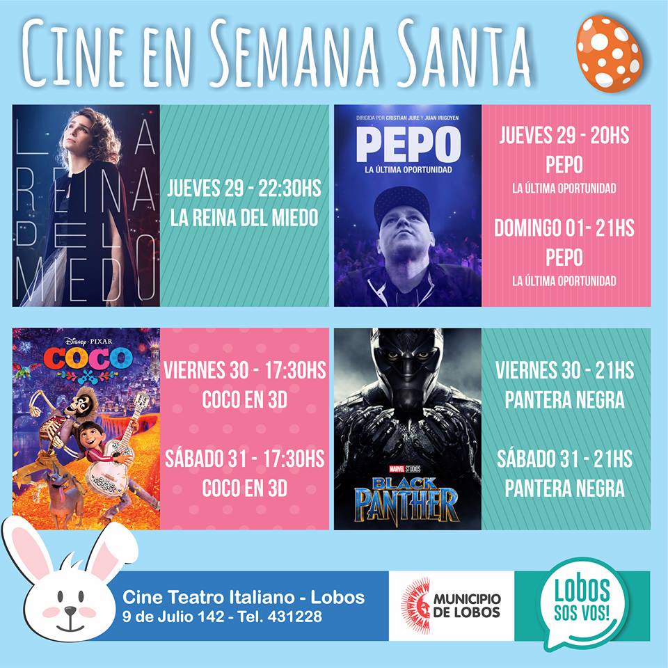 TurismoLobos's tweet photo. #BuenJueves #SemanaSanta2018 en #Lobos #Disfruta de todas las #Actividades que tenemos preparadas para vos! #LobosSosVos #SentiLobos Por cualquier consulta te podes acercar a nuestras oficinas: Lobos: Teatro Cine Italiano 9 de Julio 142. Villa Logüercio: Av Costanera y calle 35. https://t.co/I7v7mcrG7j