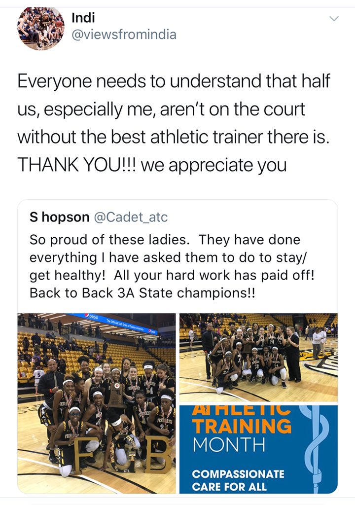 sportnut87's tweet photo. #NATAM2018 As Athletic training month comes to a close I must thank my student athletes, coaches, parents, administration for their support! It takes a lot of people to keep our athletes performing at a high/Health level and I am proud to be a part of that. We are #FHSSTRONG https://t.co/46E8uuR7ii