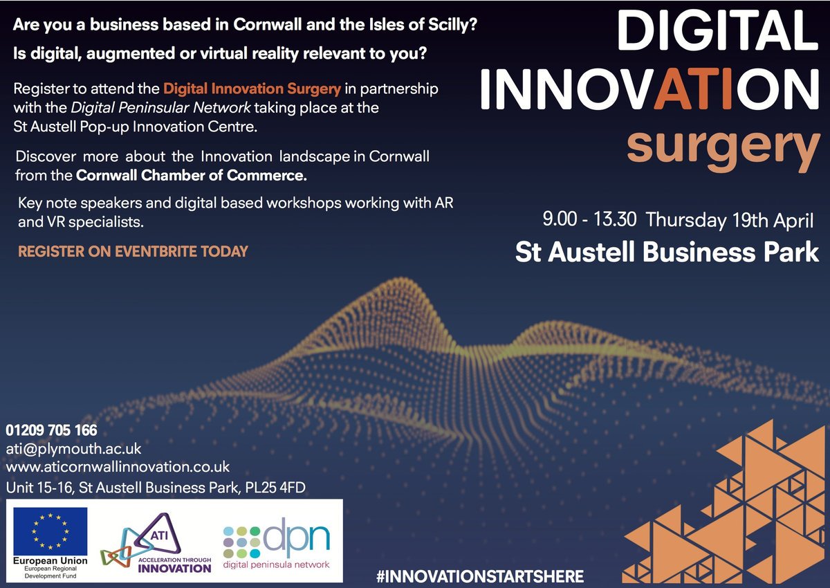 Our friends at @ATI_Cornwall are running a surgery on #Digital, #VR &amp; #AR next month in #StAustell. Great if your business operates in those sectors.
eventbrite.co.uk/e/ati-digital-…
