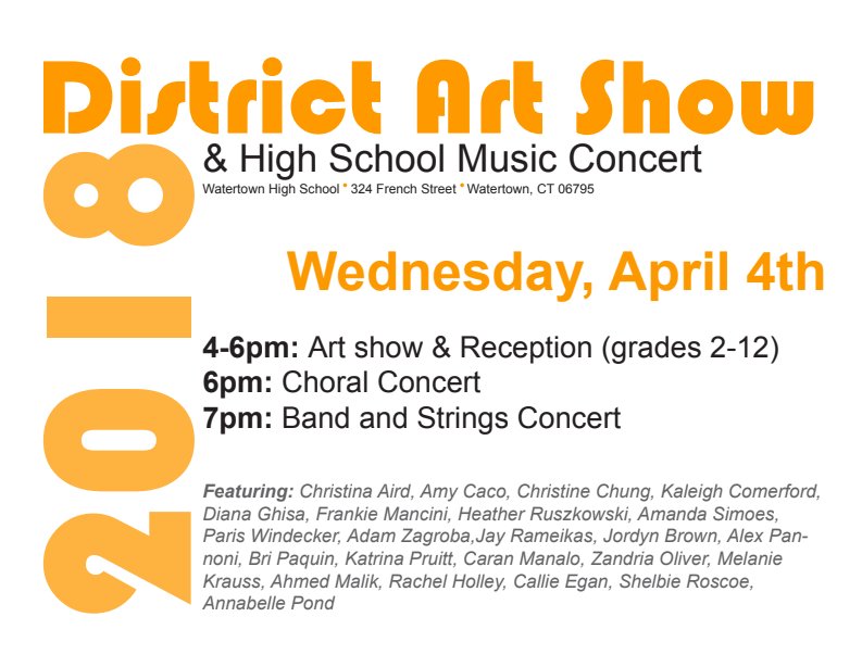District Art Show Grades 2-12 Wed., April 4 at Watertown High School @PJones2001 @MrTomHogrefe <a href="/MrsNCote/">Nicole Cote</a> <a href="/SwiftMiddle/">Swift Middle School</a> <a href="/janetparlato/">Janet Parlato</a>
