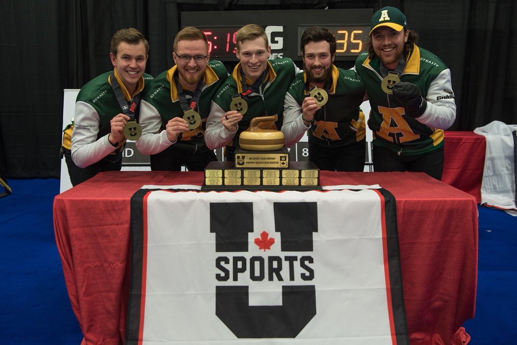 UofACurl's tweet photo. DOUBLE GOLD! Bears and Pandas are your 2018 National Champions, and newest Team Canada for the 2019 Winter Universiade in Russia! 🍁 #greenandGOLD #teamCANADA https://t.co/TU7DnzYpOb