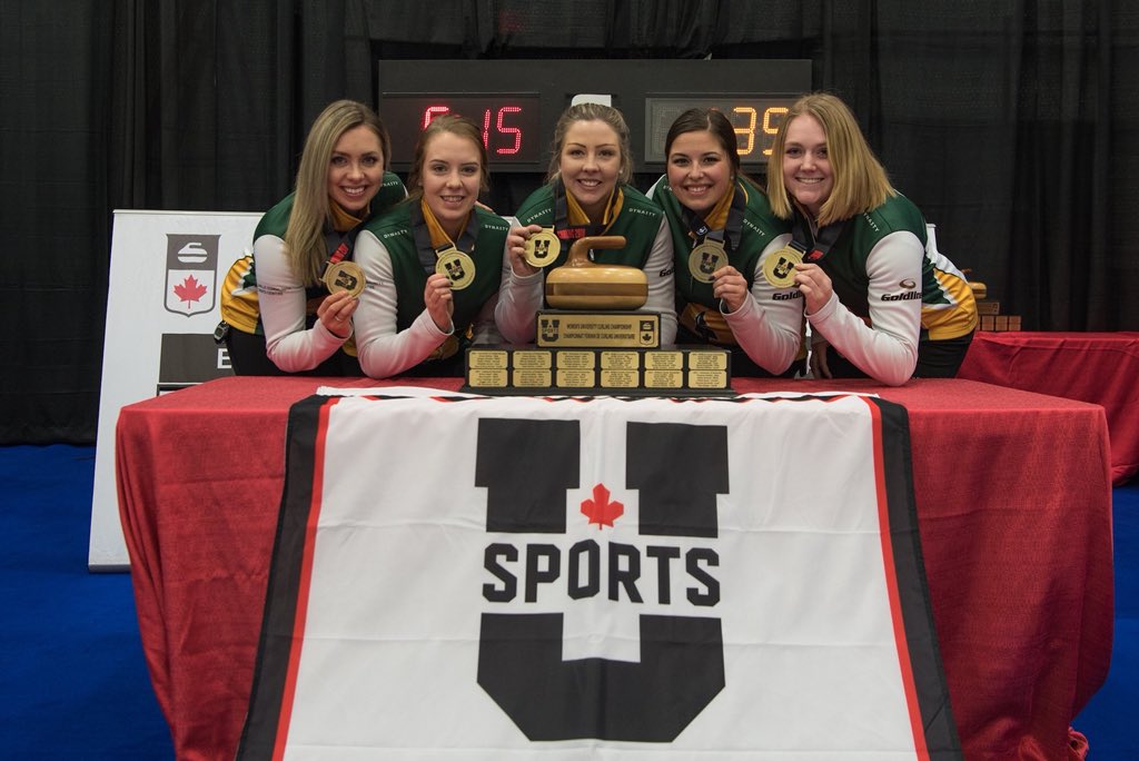 UofACurl's tweet photo. DOUBLE GOLD! Bears and Pandas are your 2018 National Champions, and newest Team Canada for the 2019 Winter Universiade in Russia! 🍁 #greenandGOLD #teamCANADA https://t.co/TU7DnzYpOb