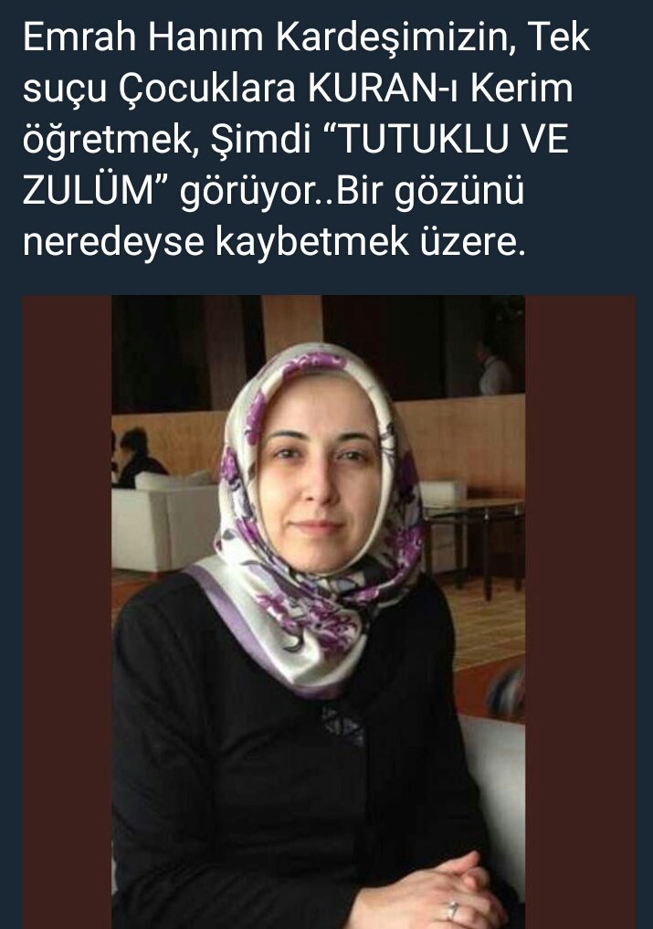 hopeartofstones's tweet photo. Emrah Hanim 1 gözünü kaybetti belkide.
O içerde iken babası vefat etti.
Annesi zaten yok.
Kimsesi kalmadı ziyaretine gelebilcek..
Eşi içerde.

4 Nisan'da mahkemesi var.

101 Mürselat suresi , 43 Enfal  oldugu kadar Fetih ve Yasin Okusak.

Kimler alır?  Alt tarafa yazsak?
AROLSUN https://t.co/QgYGd331VN