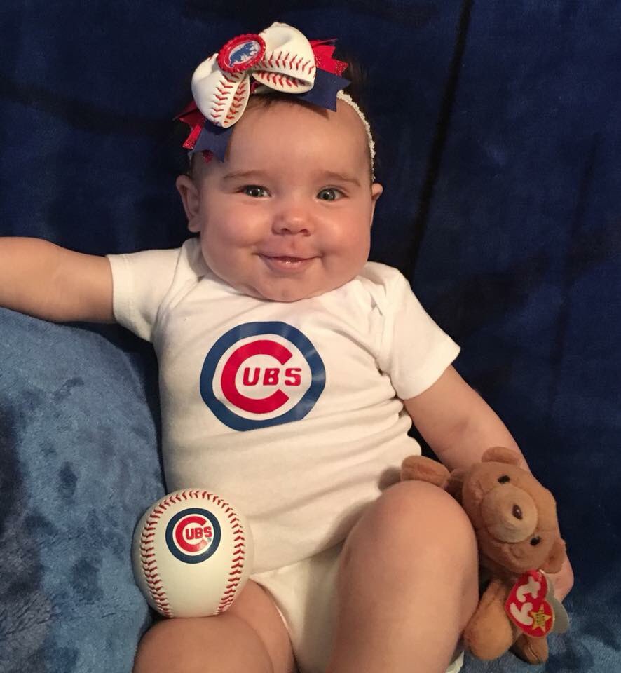 lauramdarling's tweet photo. She is ready for her first season and to root on the @Cubs ! #EverybodyIn #OpeningDay2018 #thisisouryear https://t.co/vecAzEfkXc