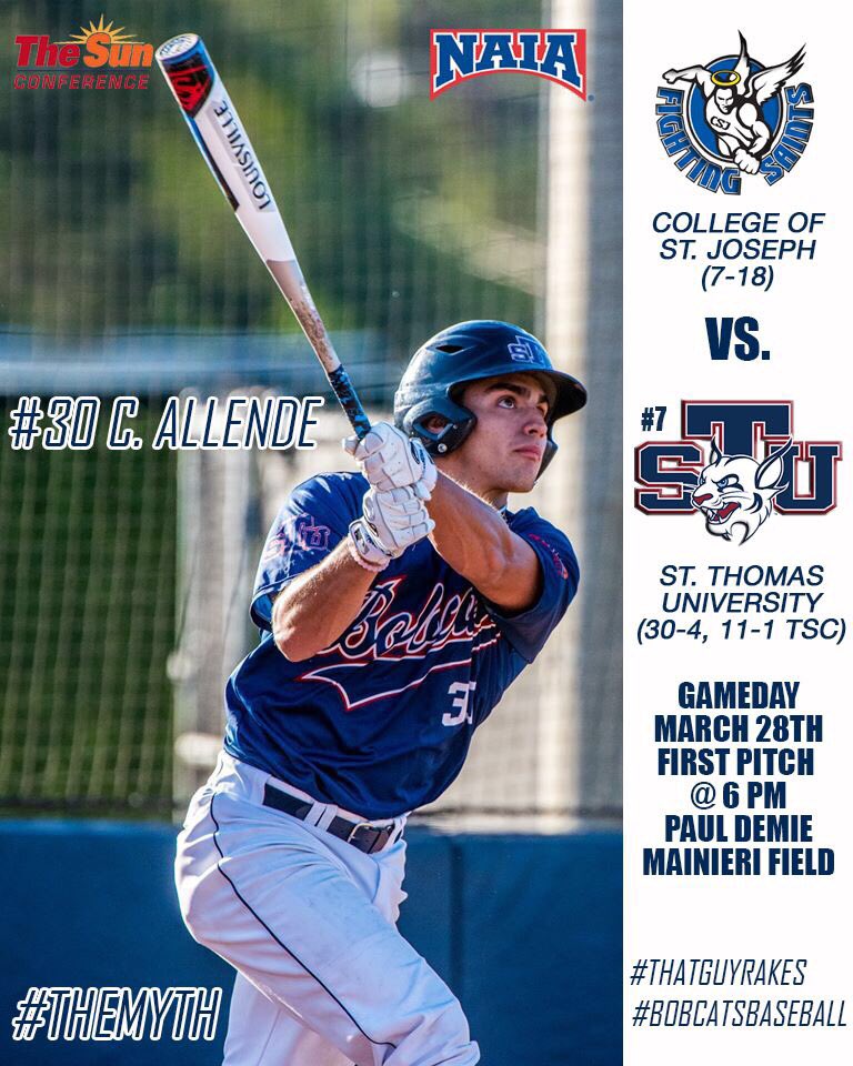 STU_Baseball's tweet photo. The #7 #BobcatsBaseball team starts the weekend early with a Thursday night action against College of St. Joseph. It’s GAMEDAY!! #TheMyth #TheseGuysRake #TheseGuysPitch https://t.co/RsIcPOUBPo