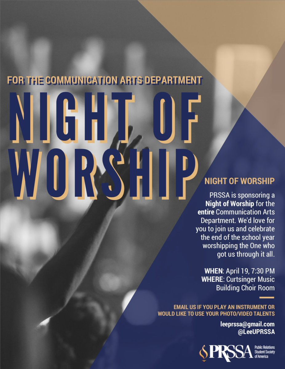 LeeUPRSSA's tweet photo. We're so excited to announce our Night of Worship for the entire Communication Arts Department on April 19 at 7:30 PM in the School of Music Choir Room. Led BY comm students, FOR comm students! Won't you join us! https://t.co/5rWCOegSRB