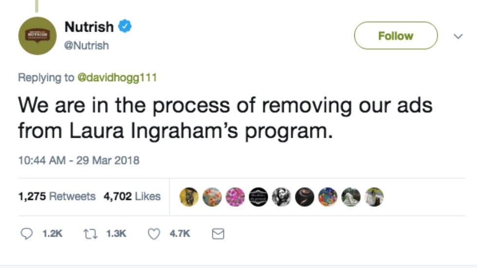 thehill's tweet image. #BREAKING: Rachael Ray's Nutrish pet food brand pulls ads from Laura Ingraham show over attack on Parkland student hill.cm/Jq6fgjL