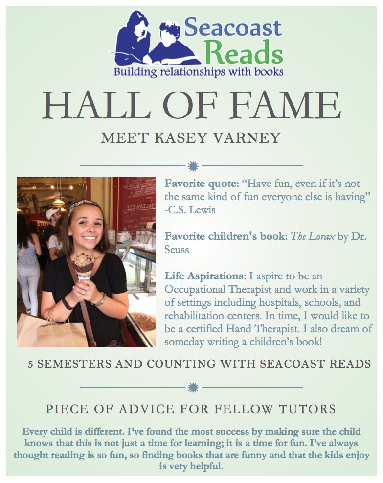 Can you believe that some of our tutors have been participating with Seacoast Reads for over two years? We just added Grace Barrera and Kasey Varney to our Tutor Hall of Fame!