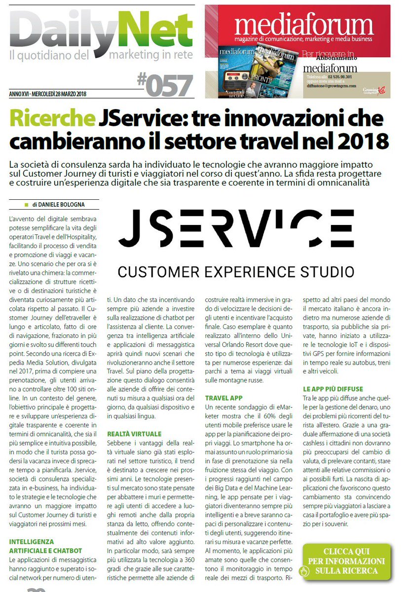 Ieri vi abbiamo parlato del nostro contributo al DailyNet sulle innovazioni del settore travel e su come il nostro modo di viaggiare sia cambiato.
Se avete ancora due minuti potete leggerlo e confidarci le vostre impressioni.
#Dailyonline #jservicecom #travel #Tourism