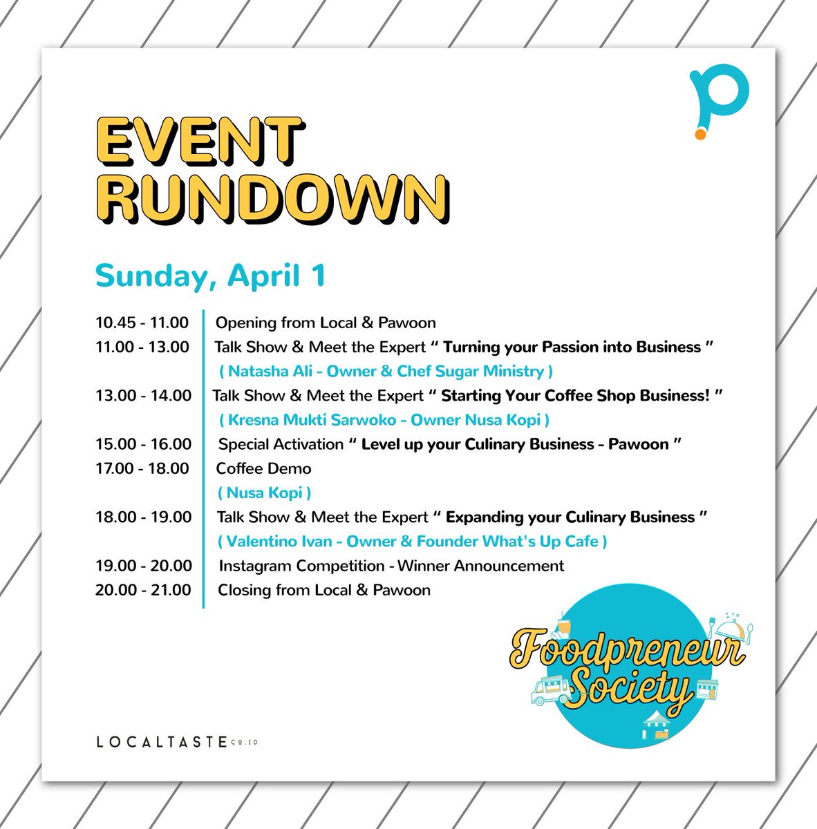 pawoonPOS's tweet photo. Dan ini Rundown Acara untuk tanggal 1 April 2018. #PawoonRangers tunggu kehadiran #SobatPawoon di Fashion Atrium @kotakasablanka!
#Pawoon #PawoonPOS #PointofSale #POS #EventJakarta #event #festival #bazaar #localtasteid #entrepreneur https://t.co/QXUsAHnoAa