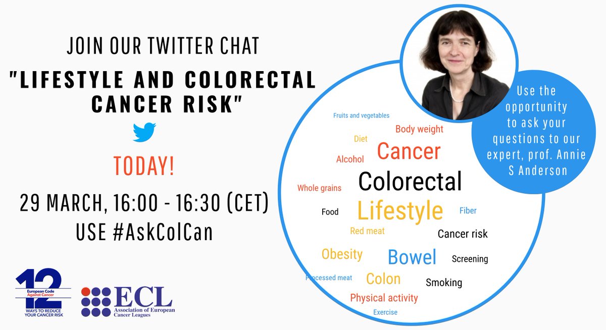 CancerLeagues's tweet photo. Just 2 hours until twitterchat about “Lifestyle and colorectal cancer risk”. Starting from 16:00 (CET) tweet your question, don’t forget to add #AskColCan and we will post an answer by our expert @anniescotta. Get your questions ready! 💡 https://t.co/h0fKaK0rkx
