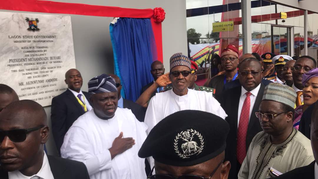 followlasg's tweet photo. Official commissioning of Ikeja Bus Terminal today by President Muhammadu Buhari. The Terminal is one of the transport infrastructure of the Lagos State Government under its Bus Reform Initiative. https://t.co/KU4rqbsvcP