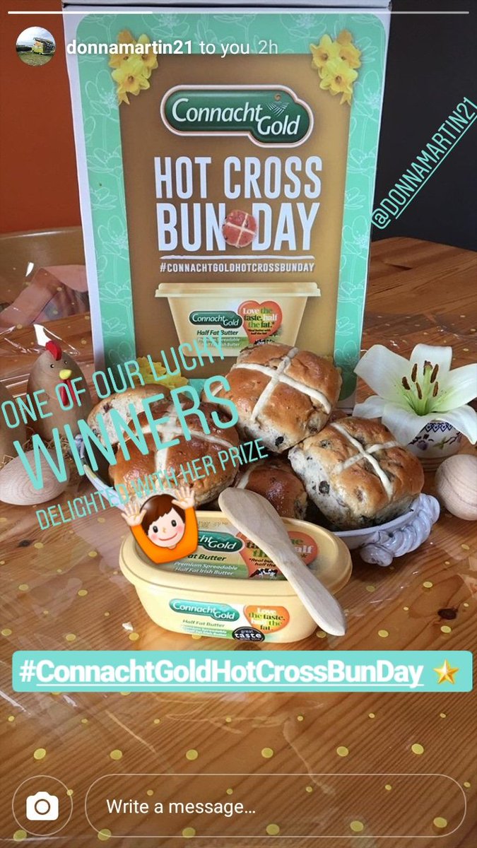 ConnachtGold's tweet photo. Our lucky #Competition #Winner @DonnaMartin21 sent us this picture of her #prize !😍🌟Enjoy Donna happy #ConnachtGoldHotCrossBunDay
#Hapoy #Easter #tasty #Thursday #Treats #ConnachtGold #HalfFat #HotCrossBuns https://t.co/8BgTHlNe19