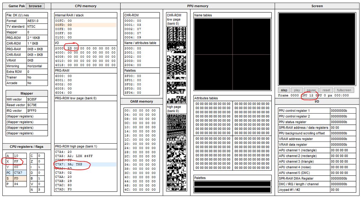 MaximeEuziere's tweet photo. WIP #nes emulator:
5 opcodes are emulated now, for a total of 12 CPU cycles.
These instructions set a value of 0x10 in memory (@ $2000) and a value of 0xFF in A.
At least now, the PRG-ROM bank scrolls automatically to show the current instruction in binary and assembly. https://t.co/LWC37yuOWW