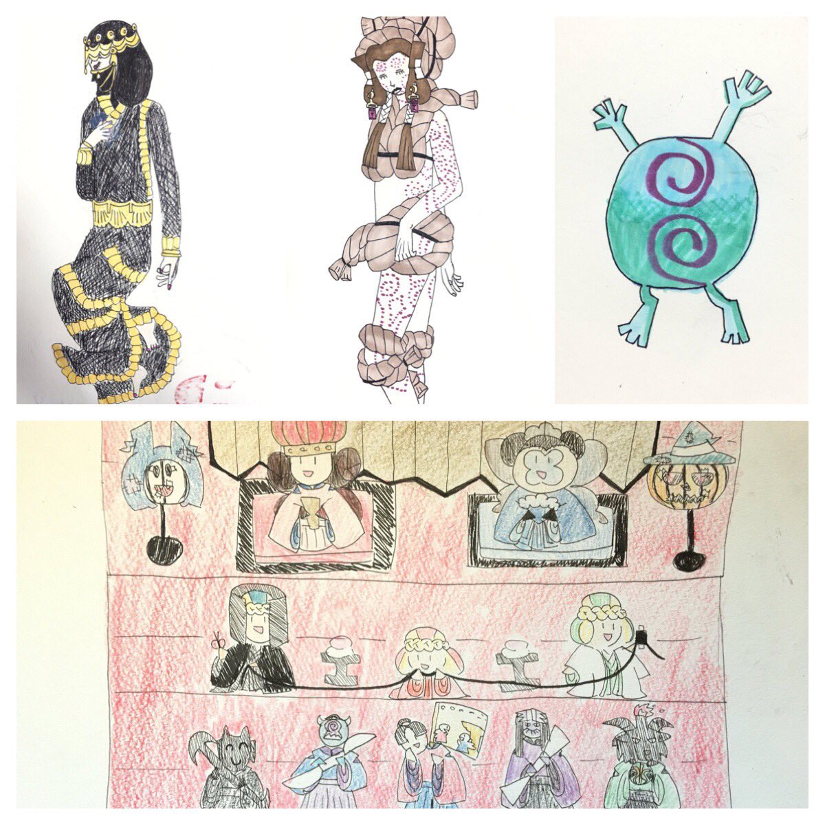 長女が描いてきた絵をずらっと並べると迫力がでる。悪魔はアリスが大好きだそう。 