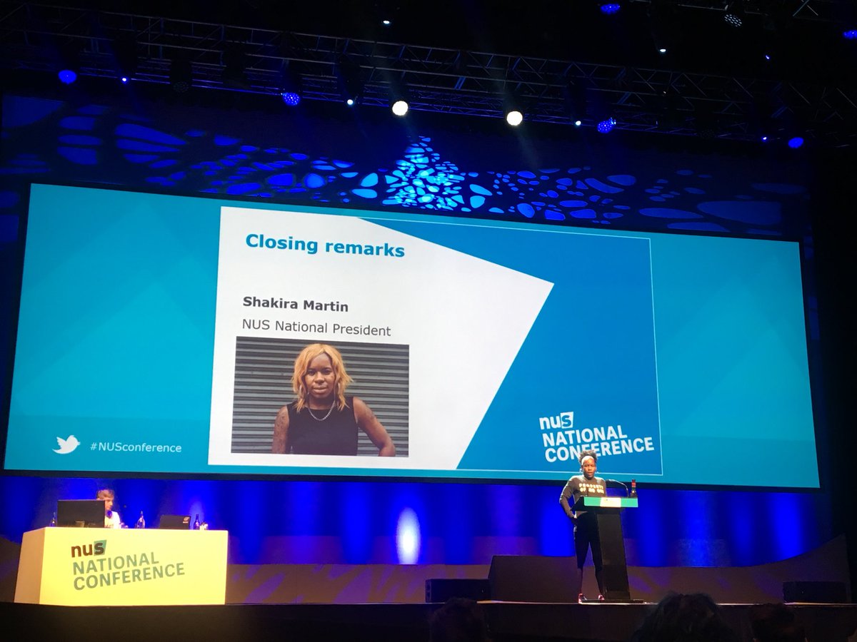 Current and Re Elected National President @ShakiraSweet1 gives her closing remarks of NUS National Conference 2018. #NUSConference #NUSNC18