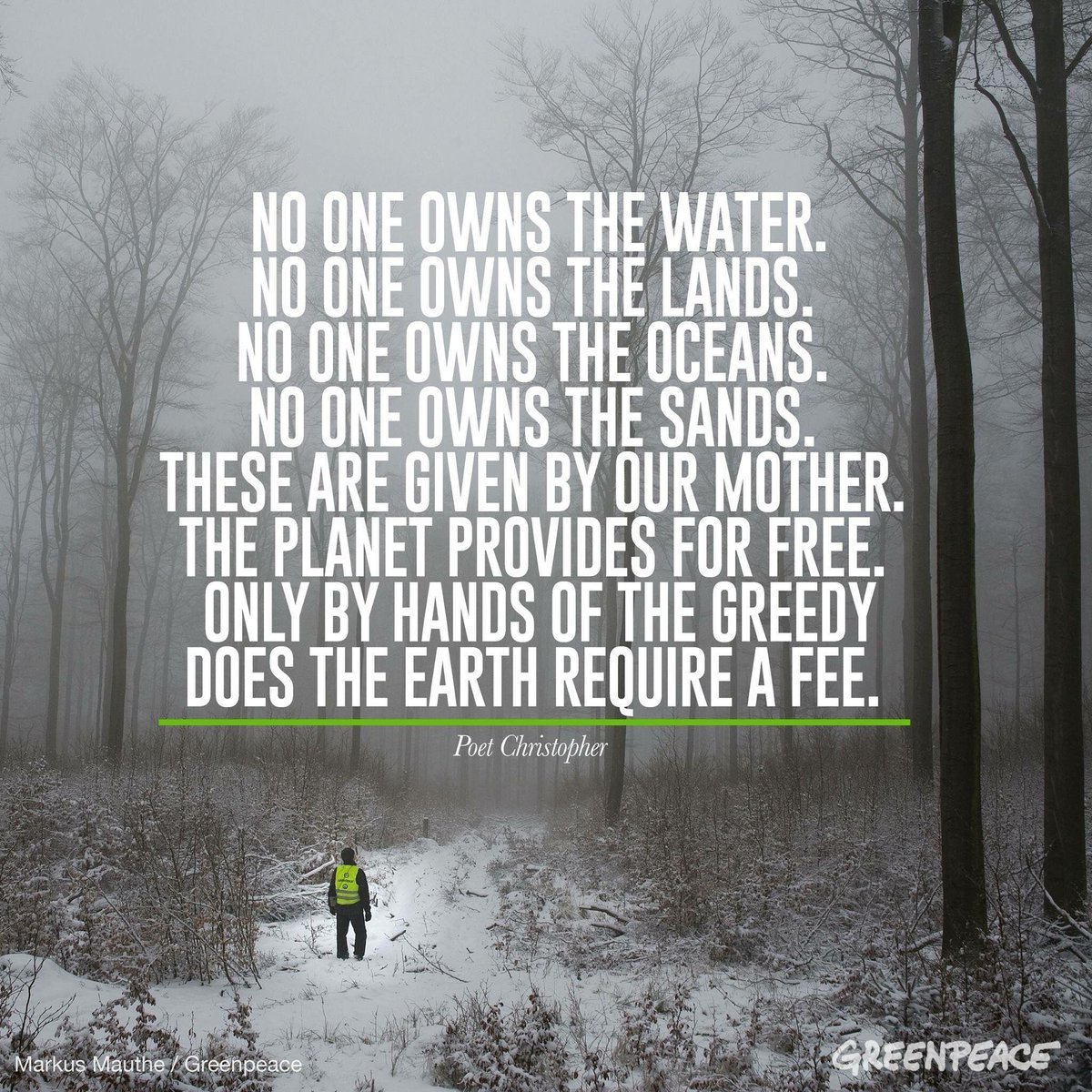 MikeHudema's tweet photo. "No one owns the water.
No one owns the lands.
No one owns the oceans.
No one owns the sands.
These are given by our Mother.
Our planet provides for free.
Only by hands of the greedy
Does the Earth require a fee."
 - Poet Christopher 

#cdnpoli #bcpoli #nokxl #StopKM https://t.co/LpfxaPv490
