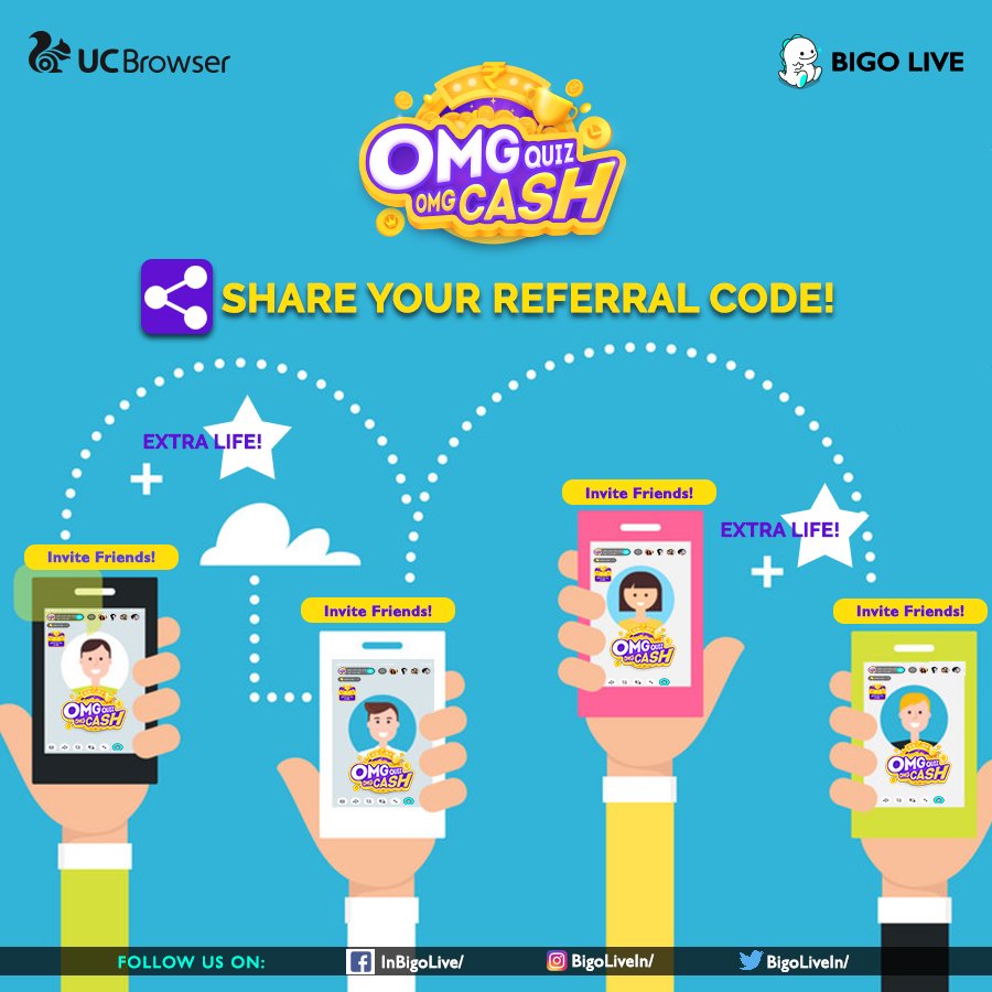 BigoLiveIn's tweet photo. Want extra lives in OMG QUIZ OMG CASH?
Post your referral code in the comment box &amp; tag your friends. Use each other's referral code to get extra lives &amp; stay longer in the quiz.
Download the BIGO LIVE app now: https://t.co/KGR8ZfVOTw
#OMGCASH #BigoLive #BigoLiveIndia #UcBrowser https://t.co/moXO4l35Jn