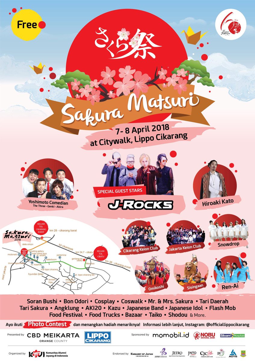 SAKURA MATSURI 2018, 7 &amp; 8 April 2018 at Citywalk

Enjoy Japan experience in Lippo Cikarang!

Special guest stars by J-ROCKS &amp; many more.

Ayo kuti Photo Contest Sakura Matsuri 2018, menangkan hadiahnya! #SakuraMatsuri2018 #LippoCikarang #Cikarang #Bekasi #IndonesiaJapan #Culture