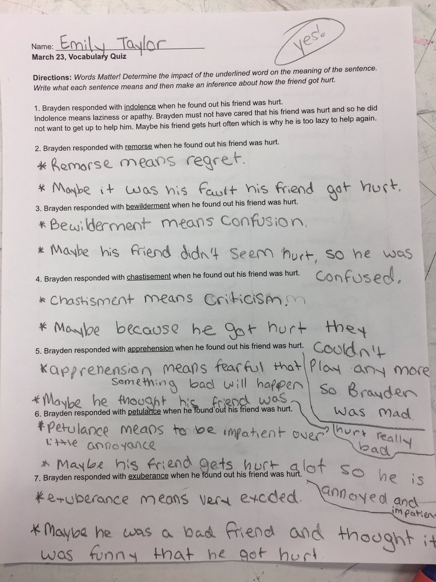 6thgradelyons's tweet photo. The 6th graders were challenged with a different type of vocabulary quiz this week that required determining the impact of a vocabulary word on sentence meaning and inferencing. They amaze me! #LyonsSchool https://t.co/cFnFqXSY6G