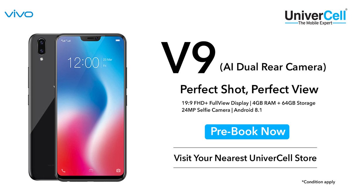 Vivo V9 available for Pre-booking now.
Visit your nearest UniverCell Store to know more.
19:9 FHD+ FullView Display | 4GB RAM + 64GB Storage | 24MP Selfie Camera | Android 8.1
#MadeForMore #PerfectShotPerfectView #vivov9 #UniverCell
*Condition apply