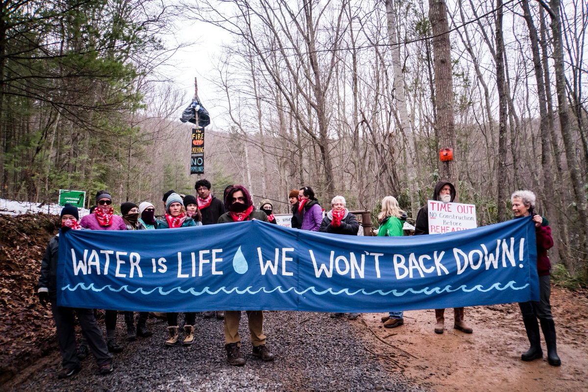 Aerial blockade and rally on MVP access rd in Jefferson National Forest, on the eastern slopes of Peters Mountain preventing state vehicles &amp; Mountain Valley #Pipeline personnel from  accessing tree sits on Peters Mtn &amp; from constructing MVP access road #StoptheMVP #NoMVP