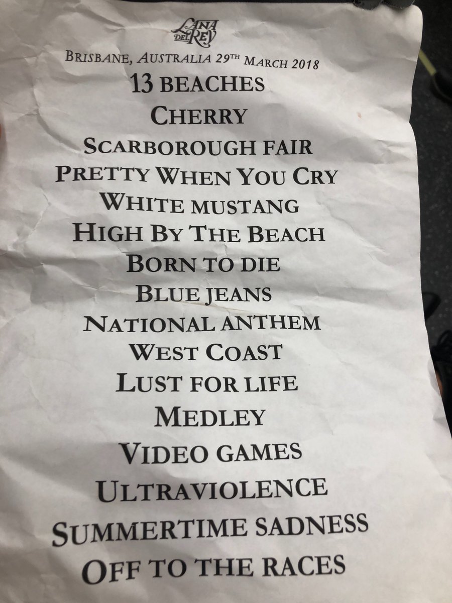 euphonise's tweet photo. ahhhh best time of my life, ended up with the set list too 😭💖 camped in the rain and was gifted merch by the beautiful @LanaDelRey . Thanks so much Lana for your time talking and taking photos with us and being so kind and putting on such a fantastic show for us xx https://t.co/asAtifJ0C5