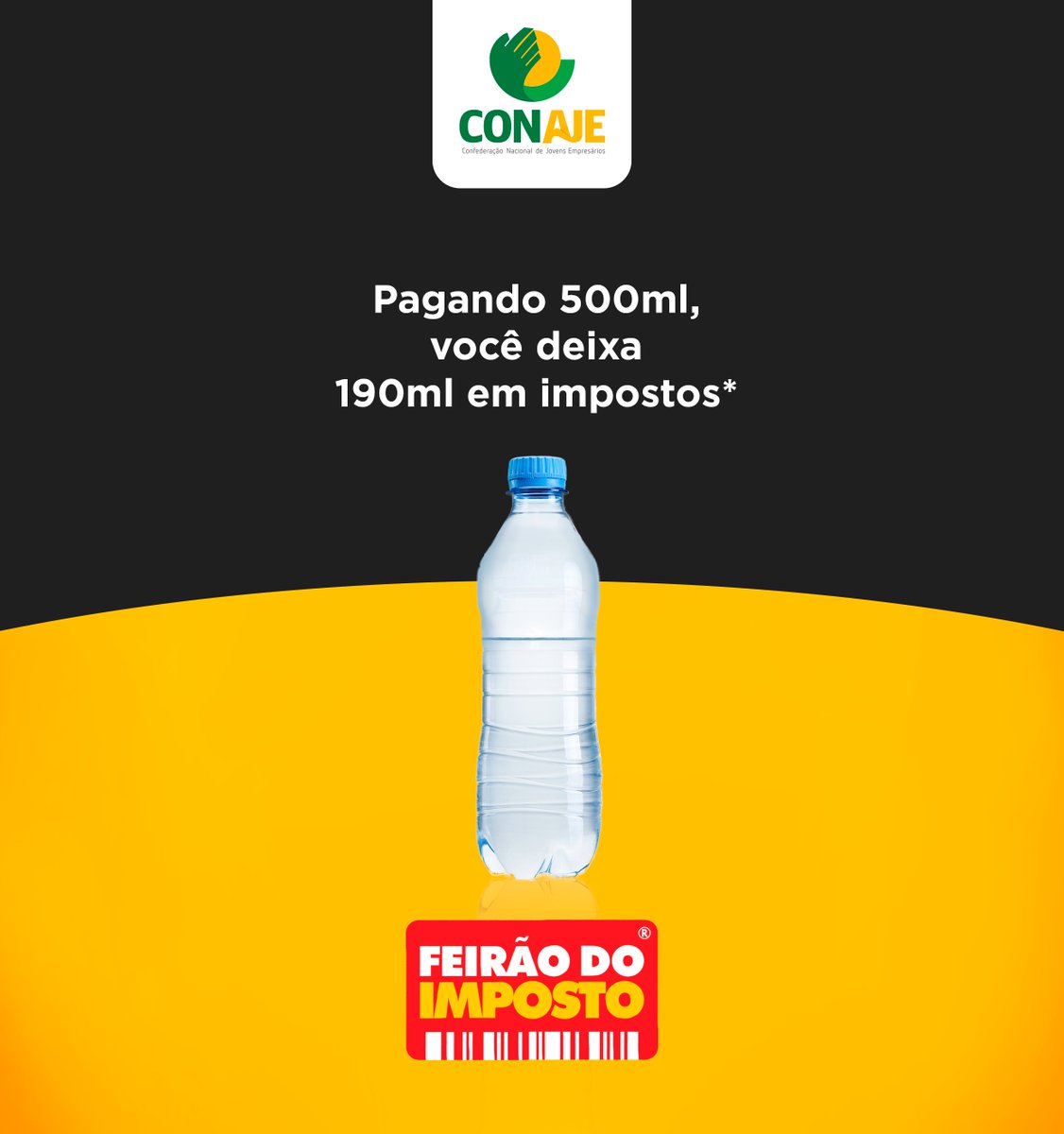 feirao_imposto's tweet photo. Você sabia que paga em média 37,44% de impostos em uma garrafinha de água de 500ml? Mas você sabe onde o dinheiro desse imposto vai parar?
Entre conosco na luta por menos promessas e melhor uso do imposto.
#feiraodoimposto2018 #conaje https://t.co/VyJY5YtPJx