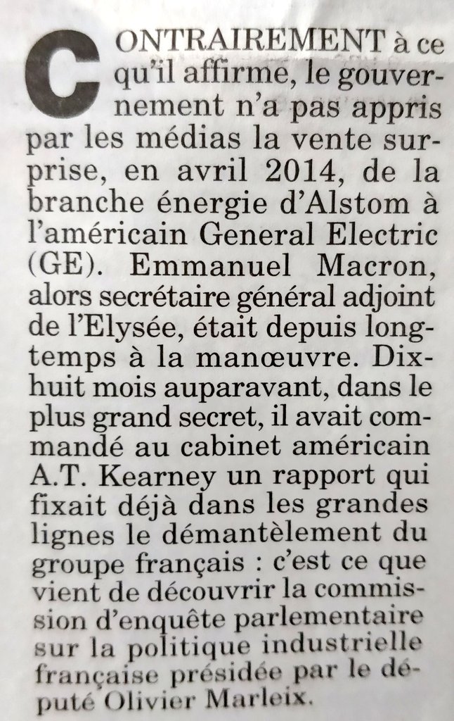 INFO -Vente d' #Alstom à General Electric: En 2015, E.Macron affirmait devant la commission des Affaires économiques que "le gouvernement avait été mis devant le fait accompli". Un rapport semble pourtant contester cette version. L'Elysée n'a pas souhaité répondre au Canard.