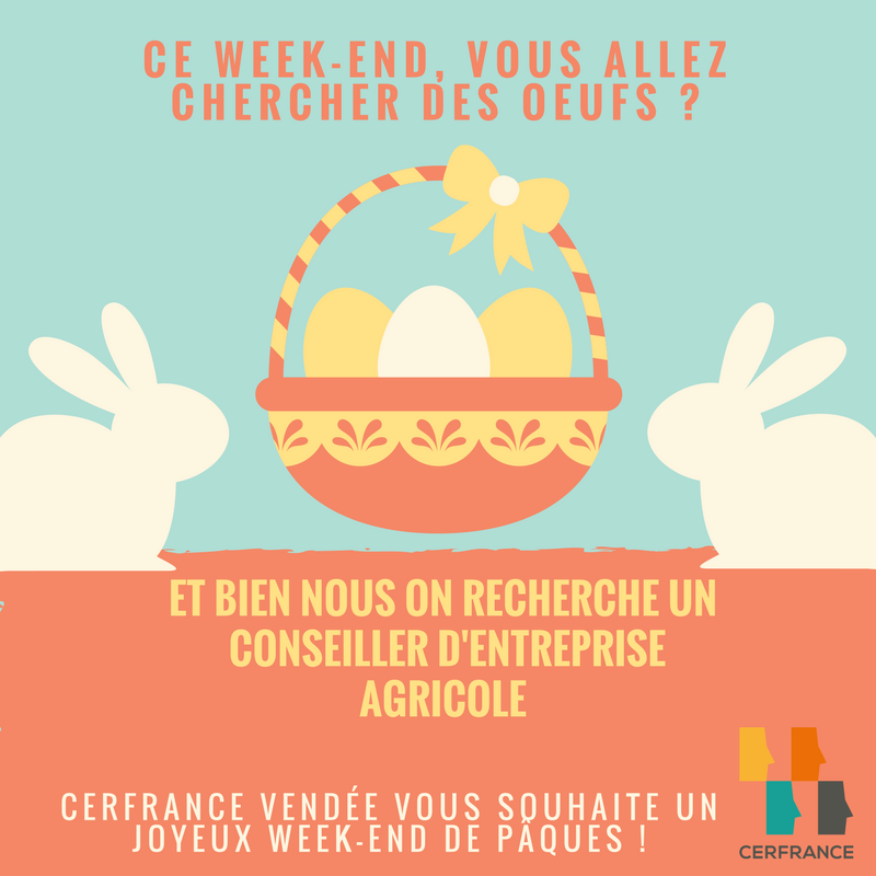 Cerfrance85's tweet photo. Pour ce week-end de Pâques Cerfrance Vendée recrute un Conseiller Agricole pour le sud Vendée, n'hésitez pas à partager autour de vous ! 😀 

L'aventure commence ici : https://t.co/a4w0jwlxVJ 🚀

#Recrutement #Job https://t.co/WKmelPLjYH