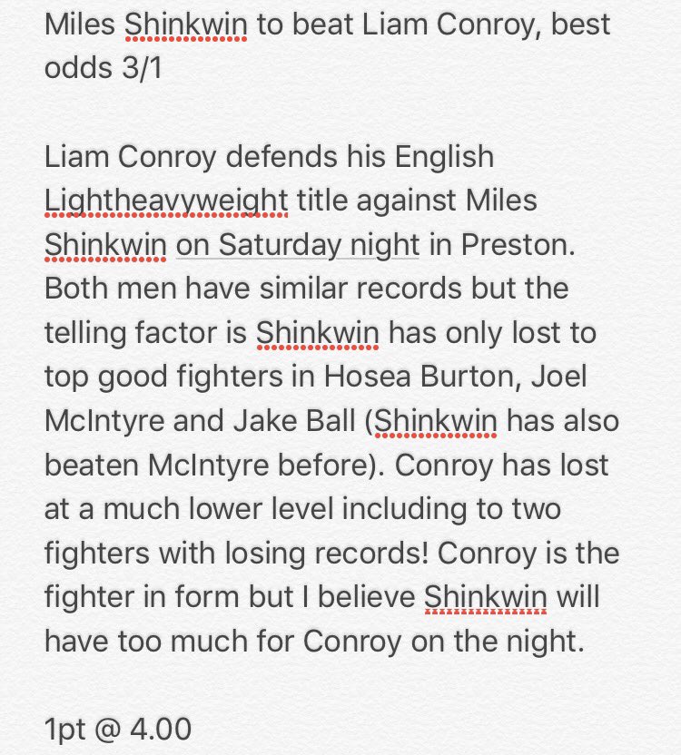 BoxingExpertTip's tweet image. Miles Shinkwin to beat Liam Conroy. 3/1 with Bet365, Paddy Power and Betfair. Great value